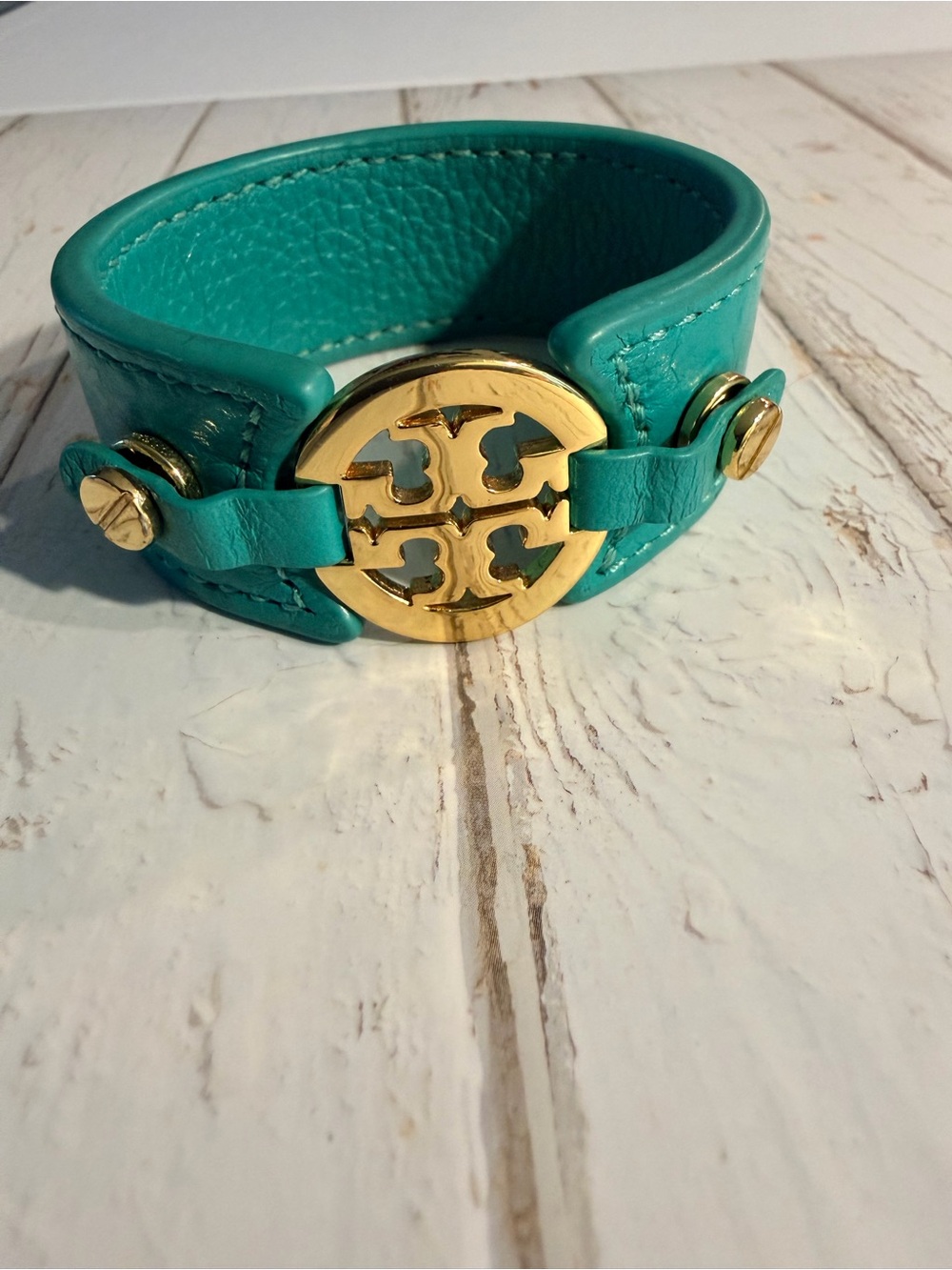 Tory Burch Teal Leather Logo Cuff with Gold Medallion - Picture 3 of 11